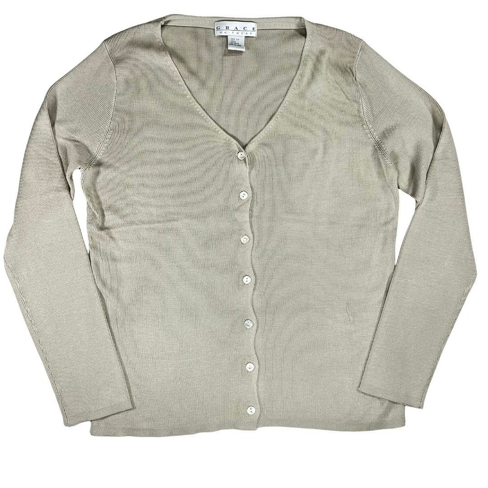 Grace Knitwear Womens L 100% Silk Cardigan Taupe V Neck Button Front Sweater